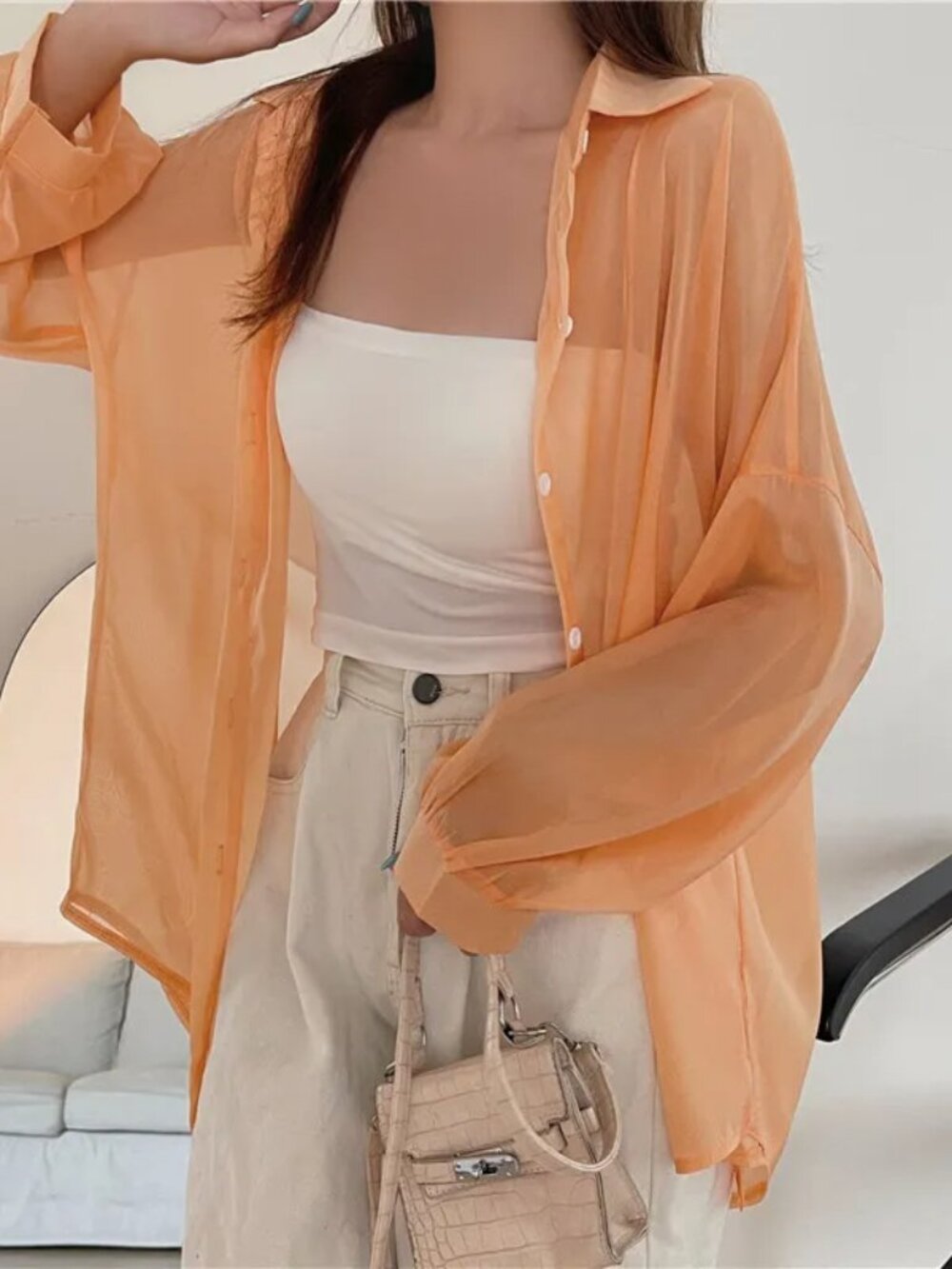 YesStyle -- Rosesand - Long-Sleeve Mesh Button-Up Shirt in Orange Oversize